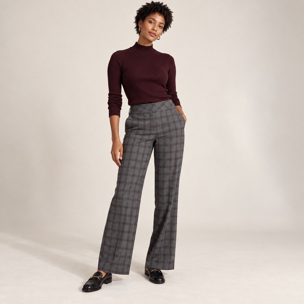 LOFT Gray Burgundy Plaid Trouser Pants Size 10 Wide Leg Dark Academia
